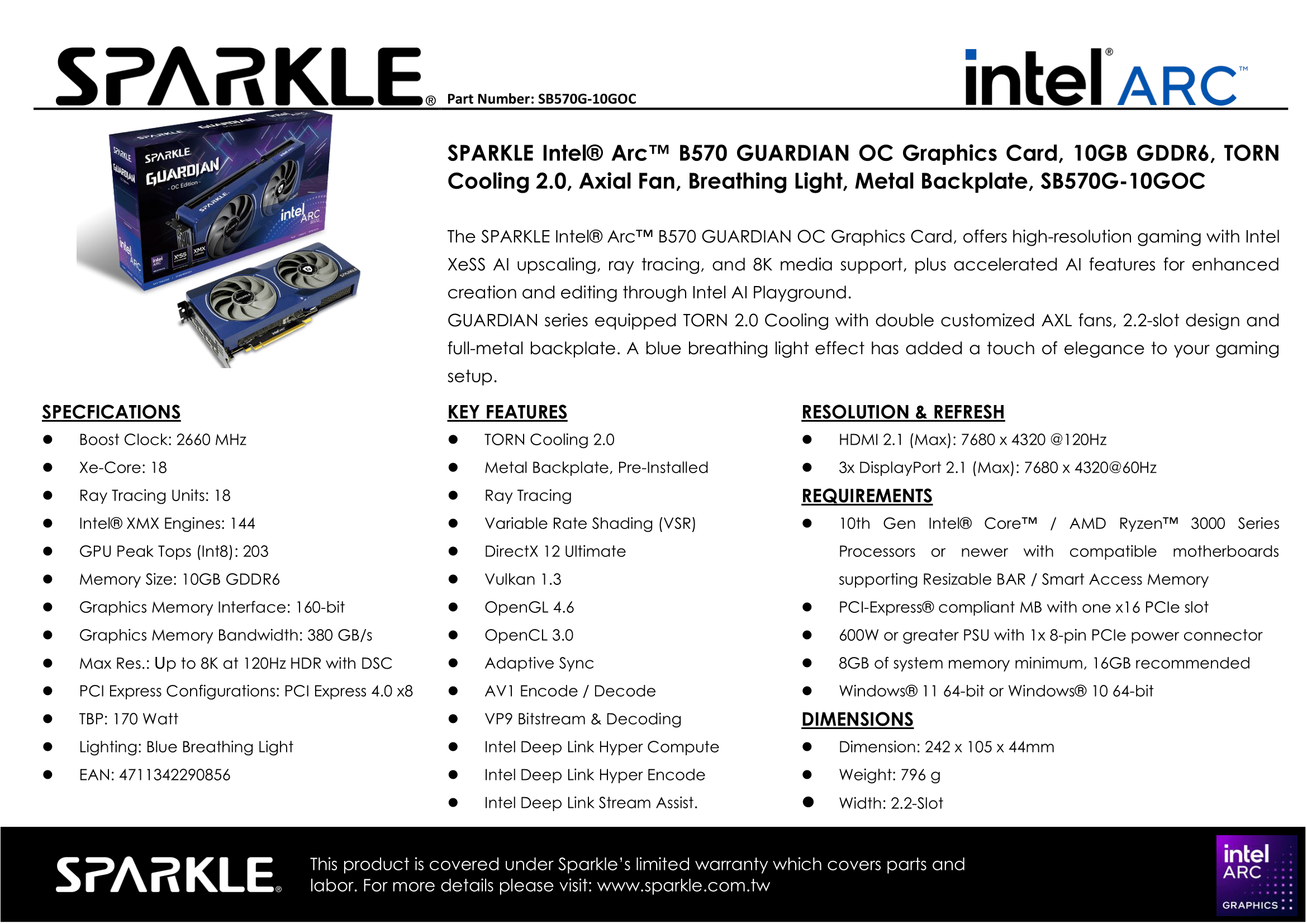 A large marketing image providing additional information about the product SPARKLE Intel Arc Battlemage B570 GUARDIAN OC 10GB GDDR6 - Additional alt info not provided